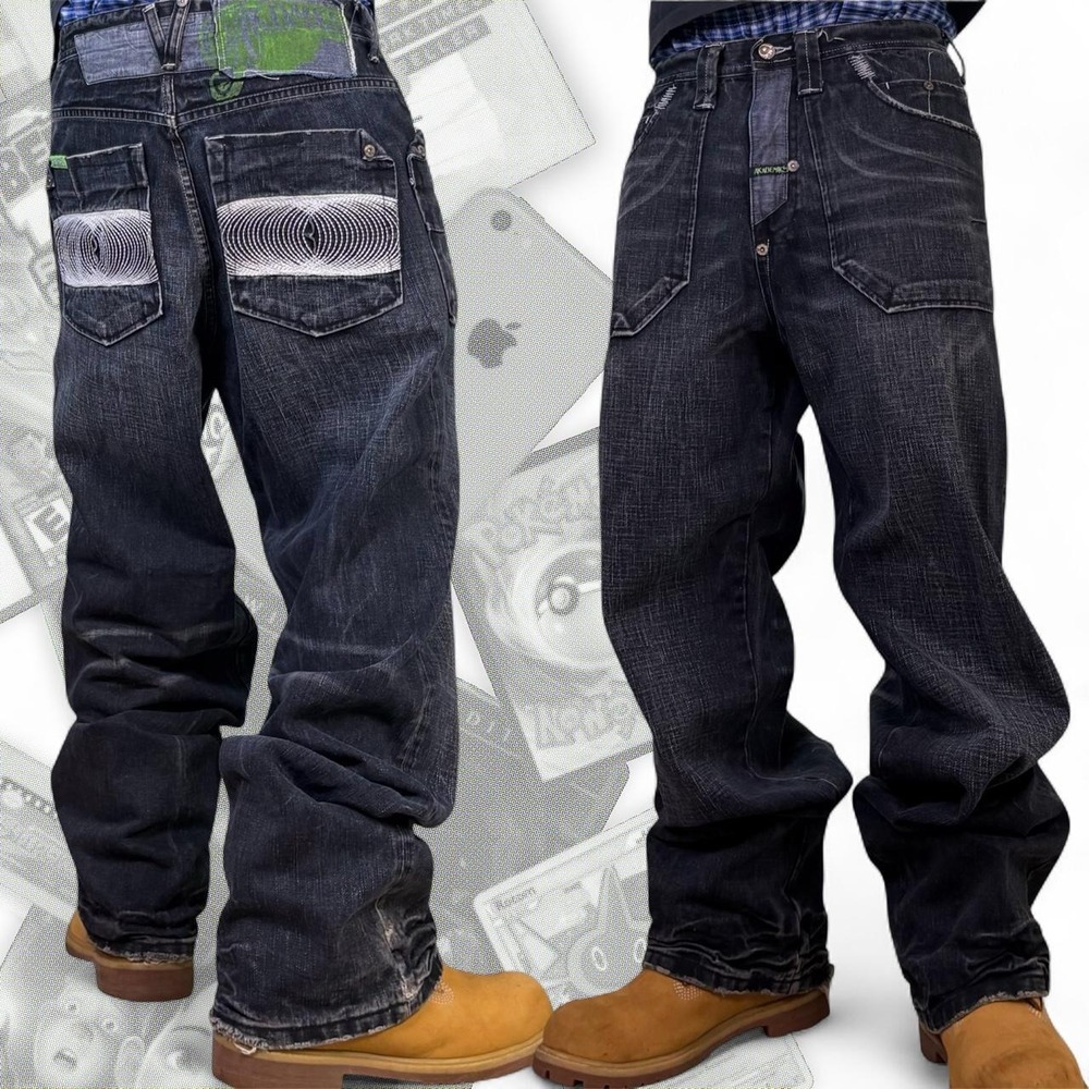Vintage Akademiks Y2K Black Graphic Embroidered Baggy Wide Leg Jeans 34